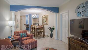 Condo, Multiple Beds, Private Pool, Beach View | Living room | TV