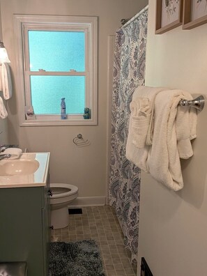Une salle de bain avec une fenêtre, des toilettes, un lavabo et un rideau de douche.