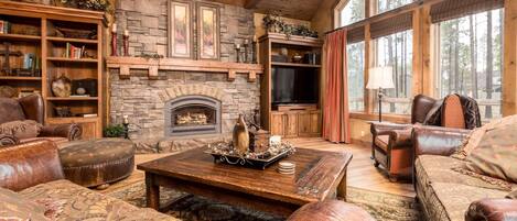 Flat-screen TV, fireplace