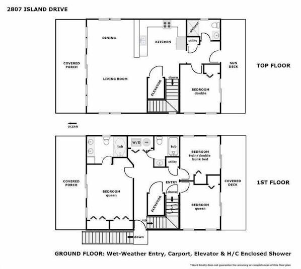 Plano de planta de una propiedad en 2807 Island Drive, que incluye un porche cubierto, sala de estar, comedor, cocina y dos dormitorios.