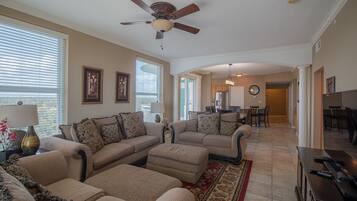 Condo, Multiple Beds, Private Pool, Beach View | Living room | 42-inch TV with cable channels, DVD player