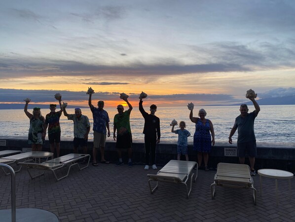 A group of people holding seashells against a sunset backdrop.