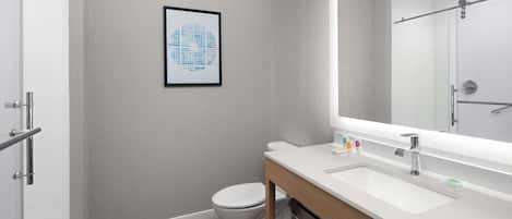 A modern bathroom with a white sink, a large mirror, and a toilet.