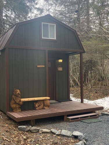 The Denali cabin, beautiful wood interior and vaulted ceilings. 