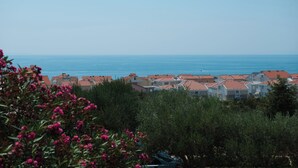 Zona residencial costeira com casas, céu claro e vista para o mar.