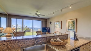 A kitchen with granite countertops, a stainless steel sink, and a dishwasher. There are chairs and a table outside the window, and a ceiling fan is visible.