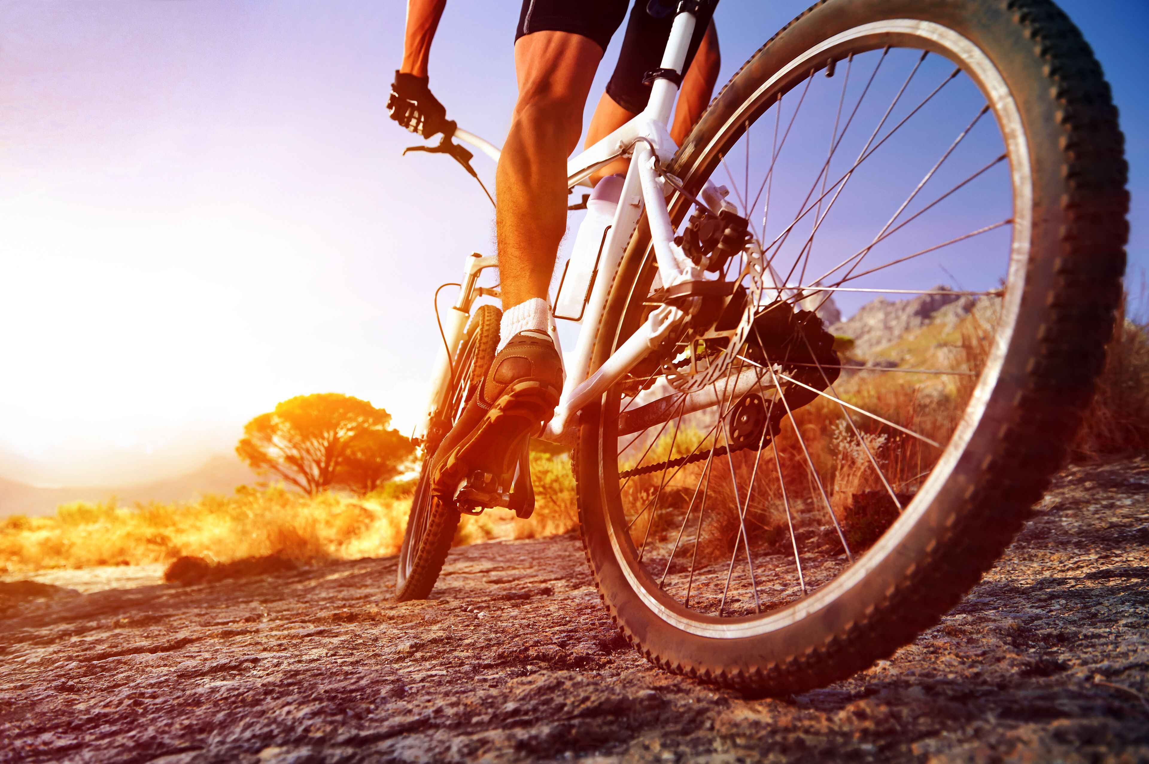 Primer plano de la rueda de una bicicleta y parte de la pierna del ciclista.