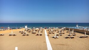 A beach with rows of sun loungers and umbrellas, a clear sky, and the ocean in the background.