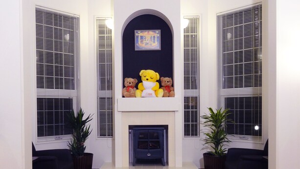 Ein Zimmer mit Kamin, zwei Topfpflanzen und drei Teddybären auf einem Kaminbrett.