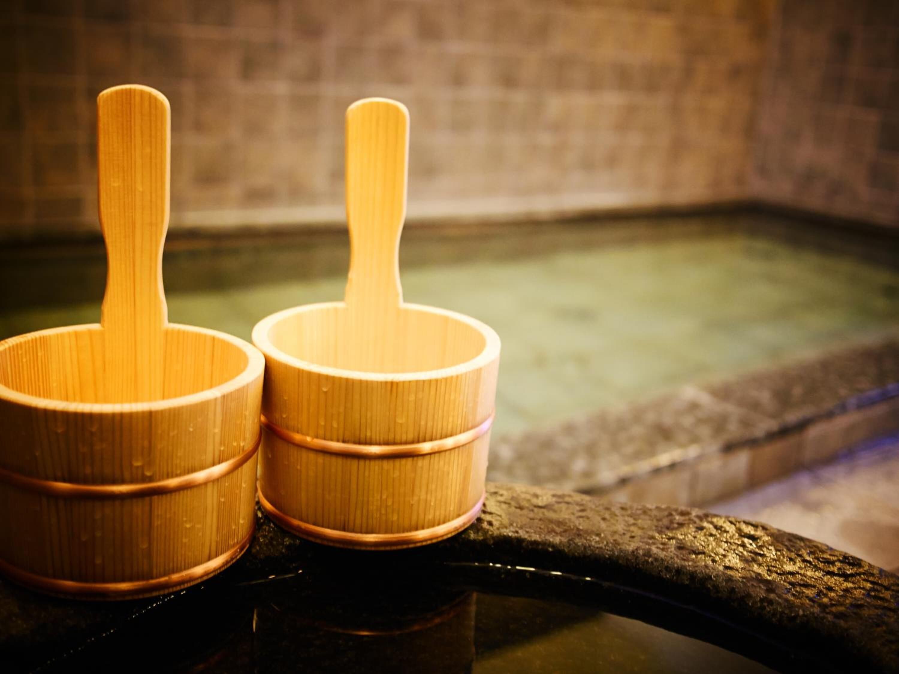 Two wooden bowls on a stone ledge by a pool.