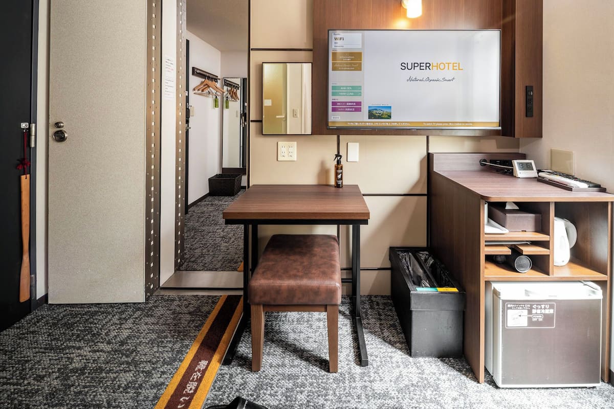 Habitació d'hotel senzilla amb escriptori, una panxa, un televisor que mostra 'SuperHotel' i un cistell de paper.