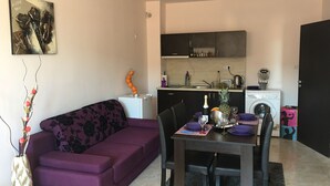 Un espace de vie compact comprenant un canapé violet, une table à manger pour deux personnes, un coin cuisine avec un lave-linge et un élément décoratif au mur.