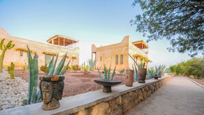 Un edificio in stile desertico con un vialetto in pietra che vi conduce, circondato da cactus e piante tipiche del deserto.