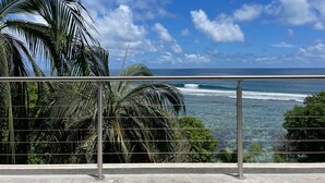 Een balkon met metalen hekwerk dat uitkijkt op een strand met palmbomen en oceaan.