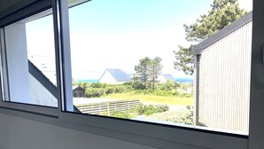 A view through a window of a residential area with houses, a wooden fence, and a grassy yard.