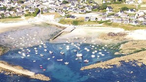 An aerial view of a coastal town with a marina filled with boats.
