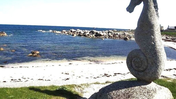 A seahorse sculpture by the seaside.