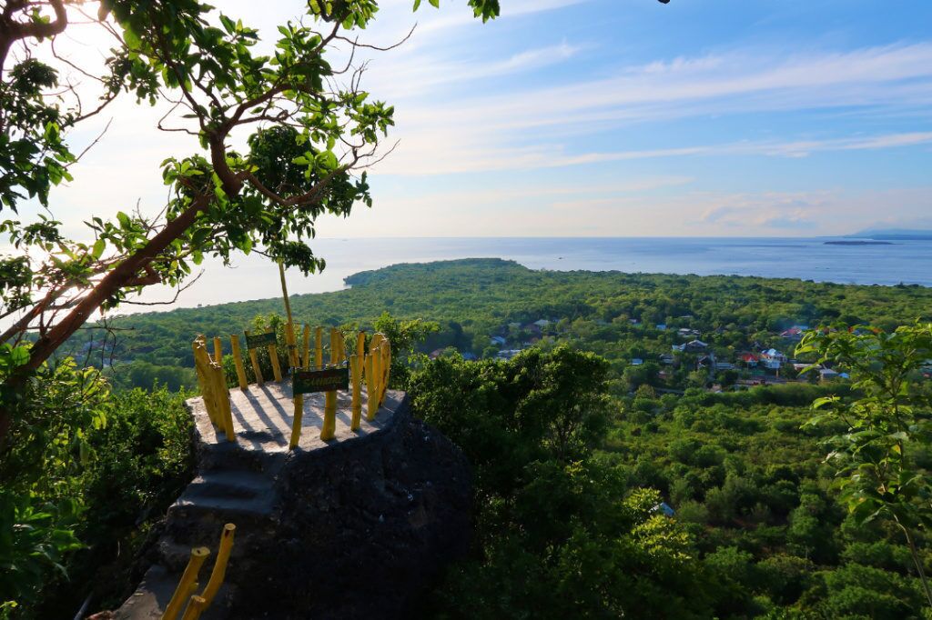 A scenic view of a coastal landscape with lush greenery and a clear sky.