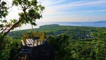 A scenic view of a coastal landscape with lush greenery and a clear sky.