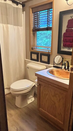 A bathroom with a toilet, sink, and window with blinds. - AN OWL and the MOON.  Get-Away in Mohican State Park. Location perfect! (Loudonville)