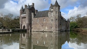 Een historisch kasteel met een gracht, met meerdere torens en een grote gewelfde toegang.