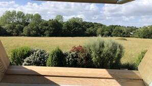 A view from a room with a large window overlooking a grassy field and dense trees. - Gite Alcove in a farmhouse beach and coastal path on foot (Névez)
