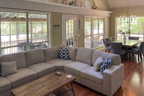 TV, fireplace, music library