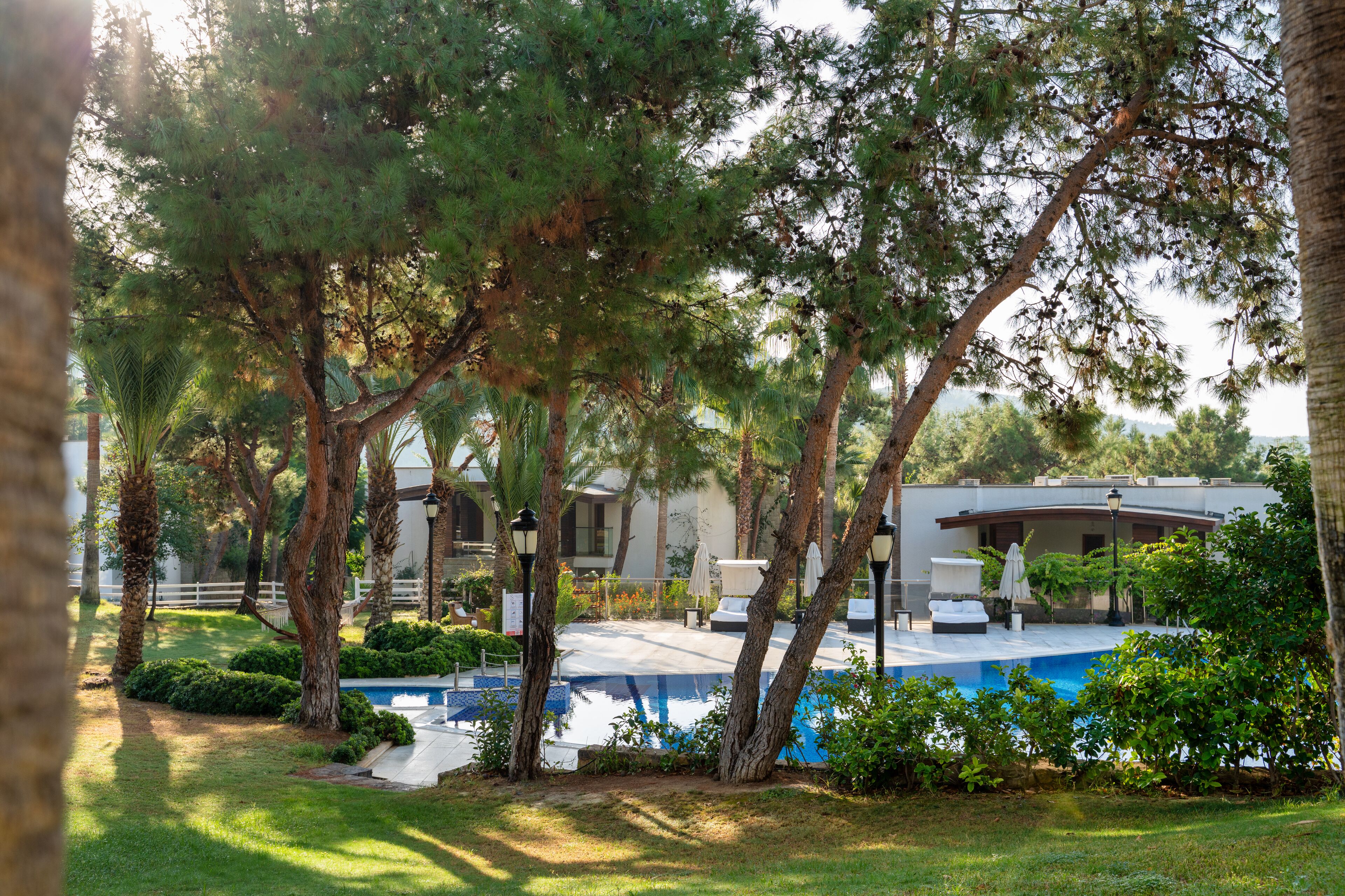 A pool area with a clear view of the pool, surrounded by trees and a building with a covered patio.