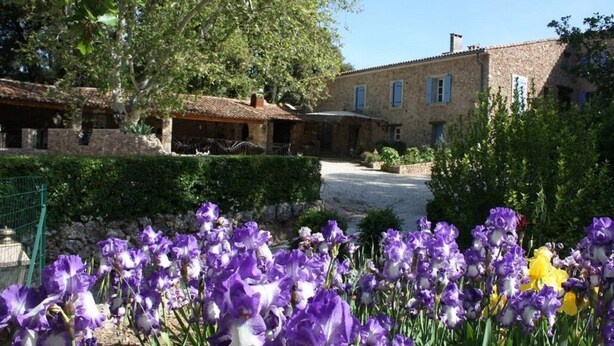 A stone building with a tiled roof, surrounded by lush greenery and purple and yellow irises. - Detached 2-bedroom apartment in charming building, swimming pool and terrace (Signes)