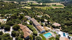 En stor egendom med flera byggnader, en swimmingpool och vingårdar i bakgrunden.