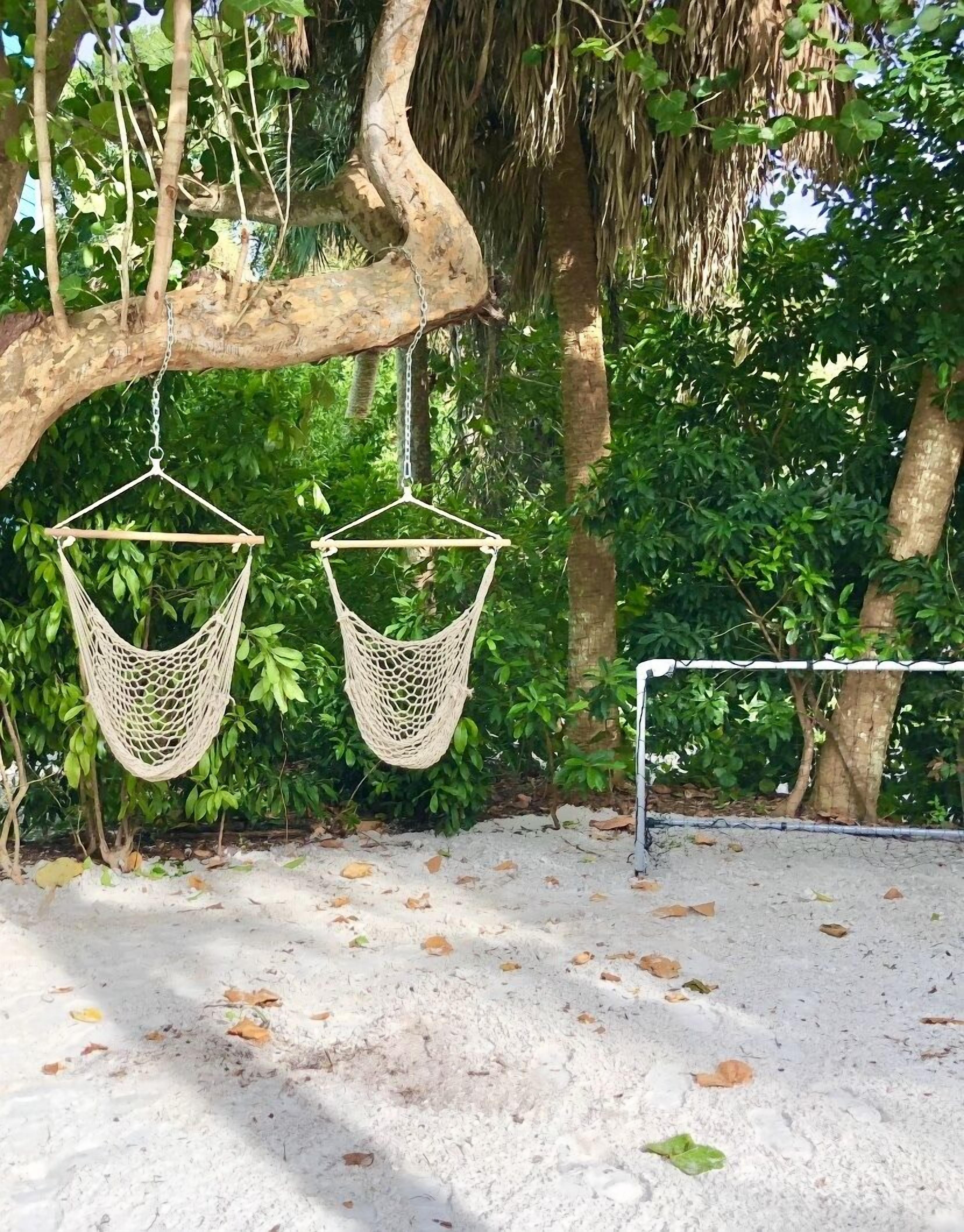 Two macramé hammocks hanging from a tree branch in a natural setting with a sandy ground and dense foliage in the background.