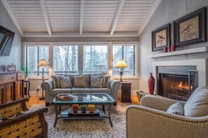 Televisio, takka, DVD-soitin, kirjoja