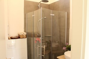 Shower, hair dryer, towels, toilet paper