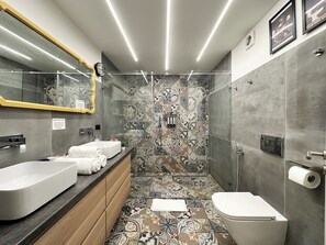 Douche, séchoir à cheveux, bidet, serviettes fournies
