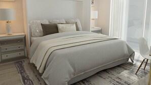 A modern bedroom with a large bed, bedside tables, a chair, and a large window with curtains. - Downtown Doral #504 - Studio - 5350 Park (Doral)
