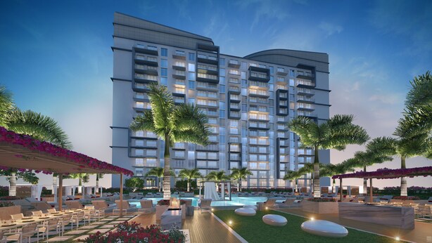 A modern hotel with a rooftop pool, palm trees, and a well-maintained garden. - Downtown Doral #504 - Studio - 5350 Park (Doral)