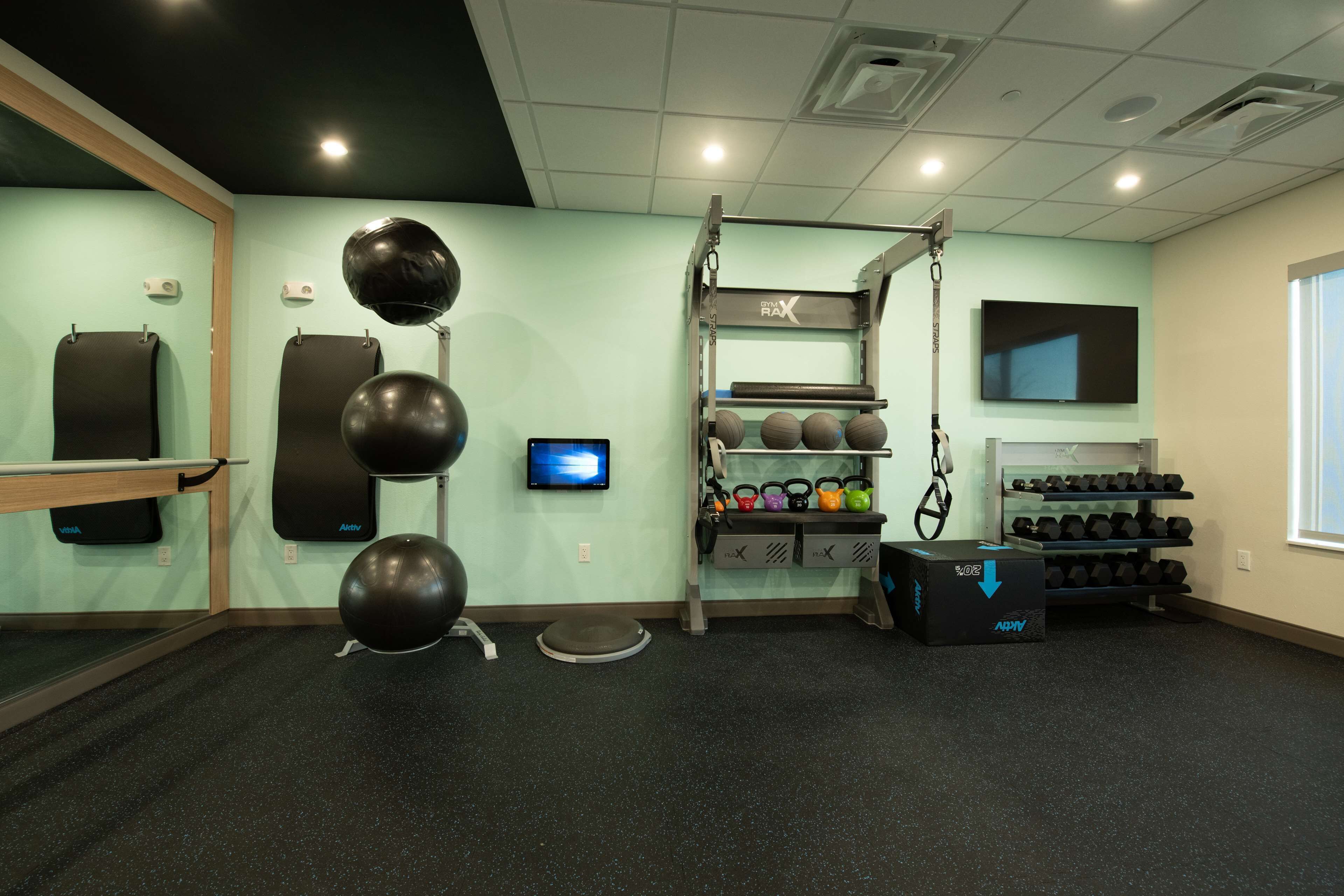 A gym with exercise equipment, a television, and a mirror.