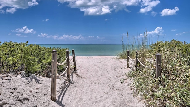 Ein sandiger Küstenpfad führt zum Meer, umgeben von viel Grün und Holzpfählen.
