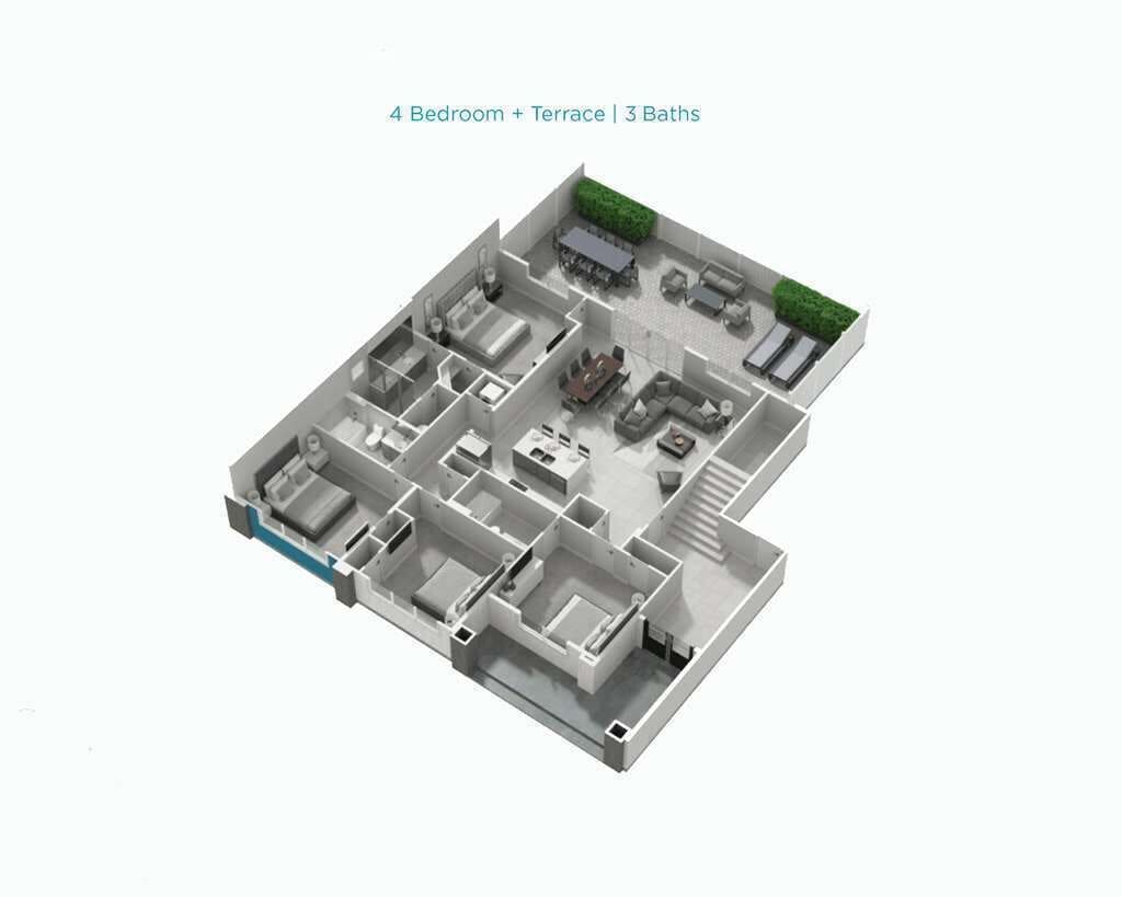 En 3D-model af en hotellokalitet med 4 soveværelser, en terrasse og 3 badeværelser.