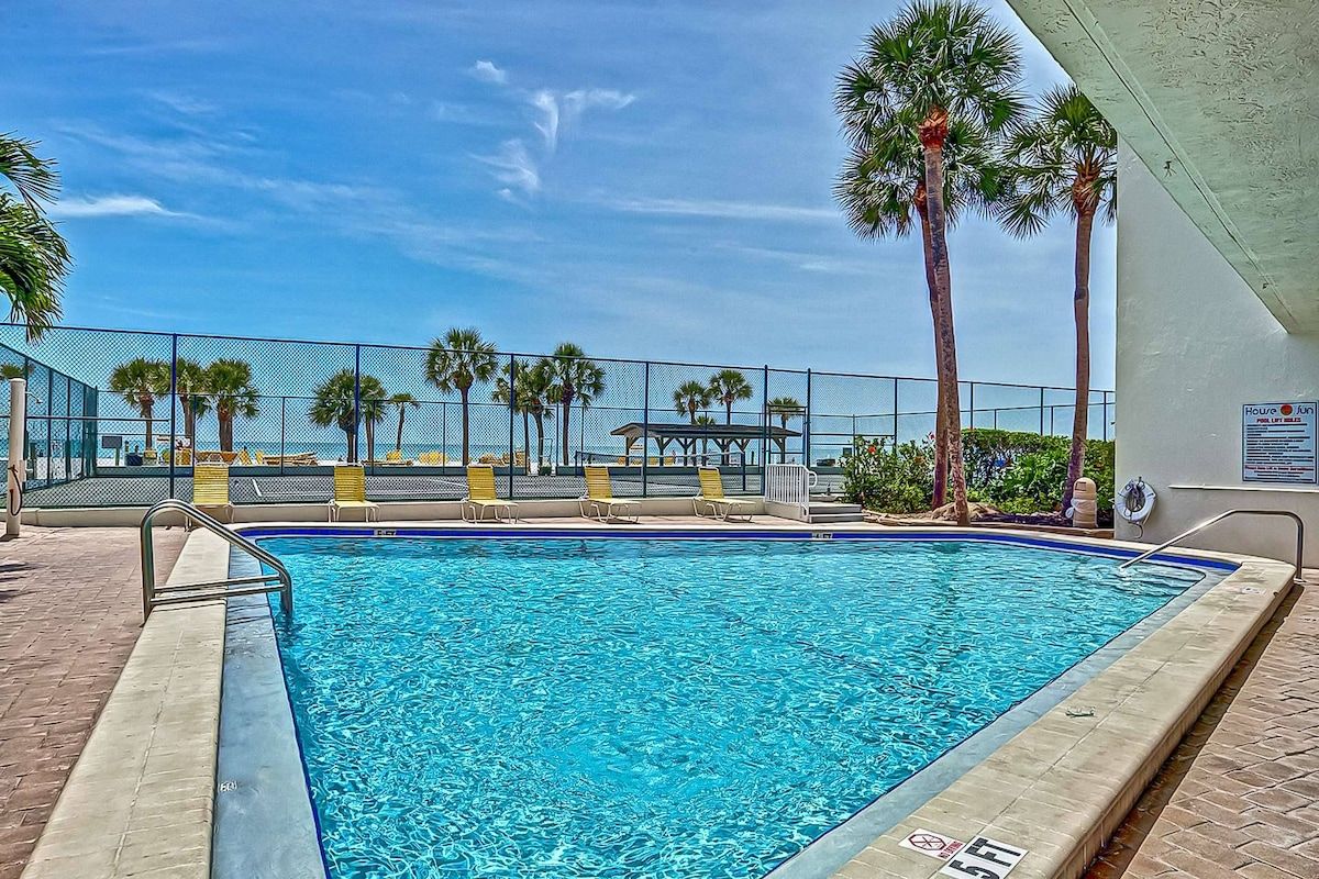 Heated Pool overlooking the Gulf of Mexico.  Private beach strip and a tennis court for a great workout!