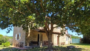 A stone house with a covered porch, outdoor seating, and a large tree providing shade. - Rural house (pet-friendly) where you will only listen to nature. (Rianxo, A Coruña)