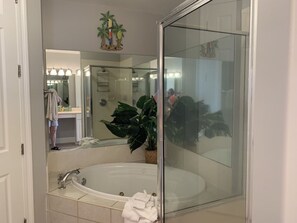 Combined shower/tub, jetted tub, hair dryer, towels