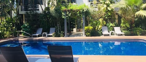 A swimming pool with lounge chairs and palm trees.