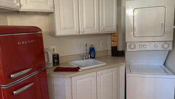 Fridge, microwave, electric kettle, toaster