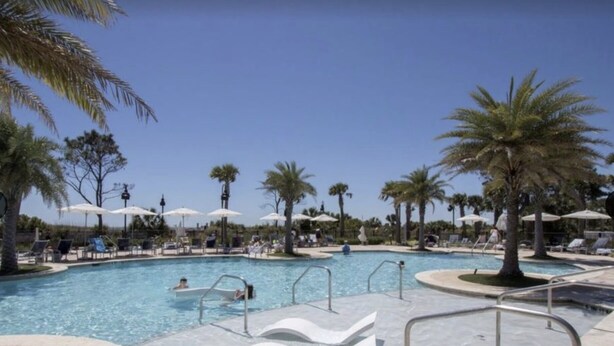 A swimming pool with palm trees, lounge chairs, and umbrellas.