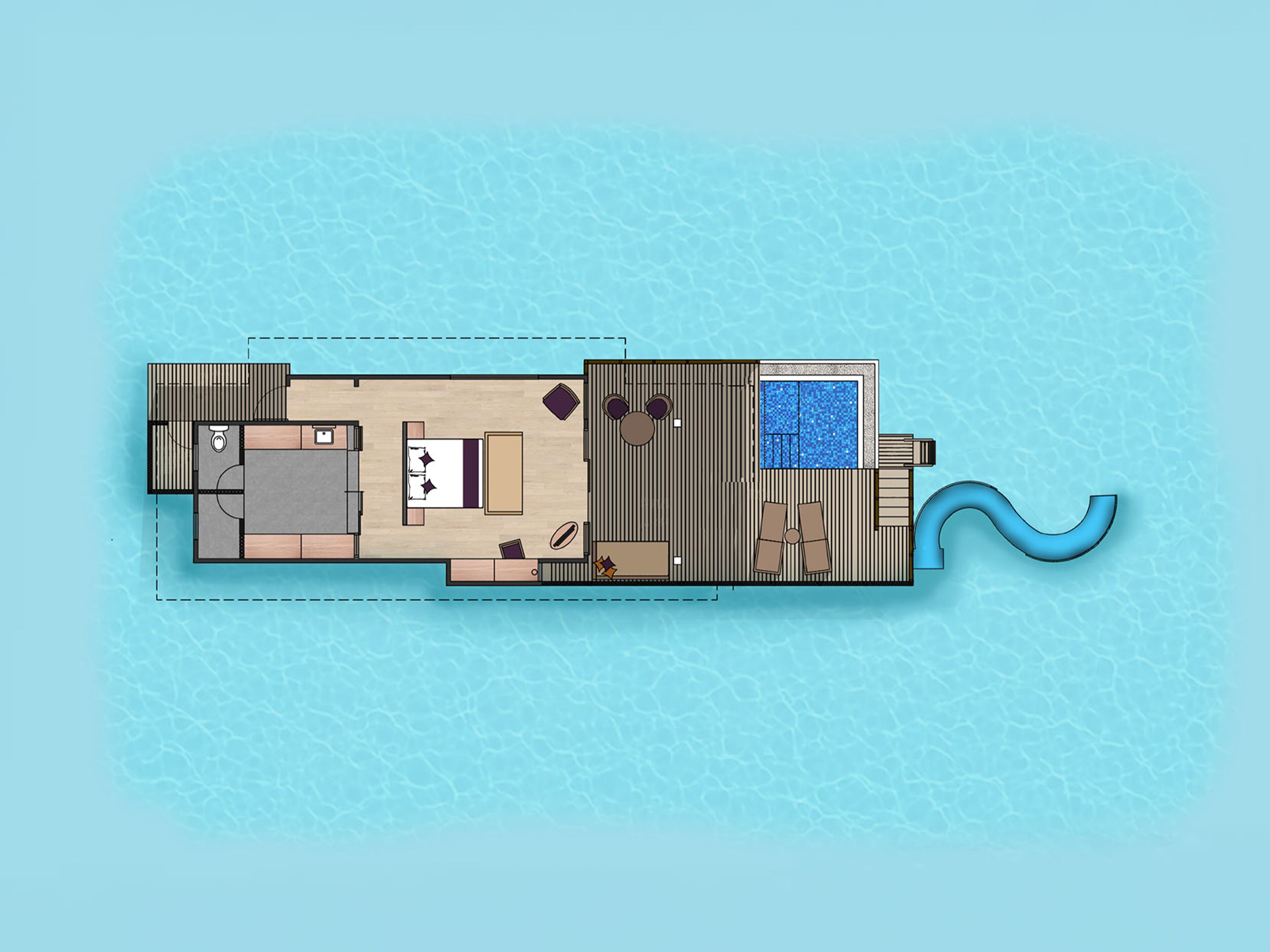 A floor plan of a hotel with a pool, a dining area, and a separate bedroom section.