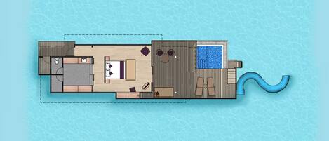A floor plan of a hotel with a pool, a dining area, and a separate bedroom section.