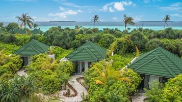 A resort with multiple green-roofed cottages surrounded by lush greenery and a view of the ocean.