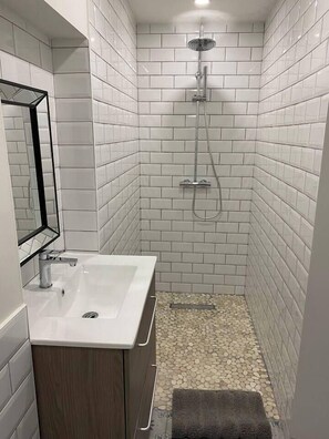 Combined shower/tub, hair dryer, towels