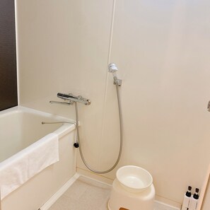 Bathroom features a bathtub and shower unit with handheld showerhead, along with a separate basin.